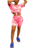Pink venetian Fashion Casual adult Ma'am Print Tie Dye Two Piece Suits Straight Short Sleeve Two Pieces