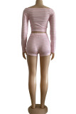 Pink Sexy Striped Print pencil Long Sleeve Two Pieces