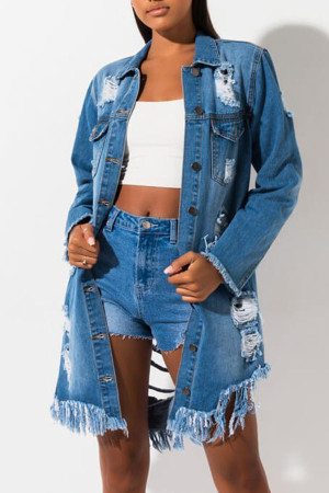 Blue Black Blue Light Blue Dark Blue Design Raw Hem Tassel Ripped Distressed Denim Jackets