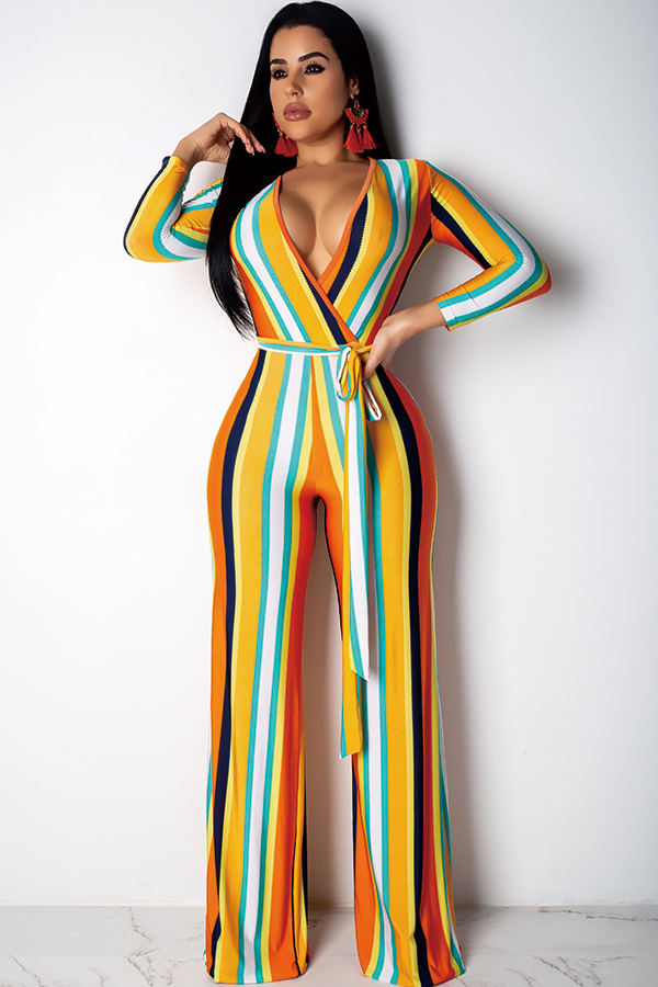 Yellow Sexy Fashion Long Sleeve V Neck Jumpsuits