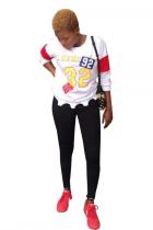 White Polyester O Neck Long Sleeve Patchwork Letter Print  Long Sleeve Tops
