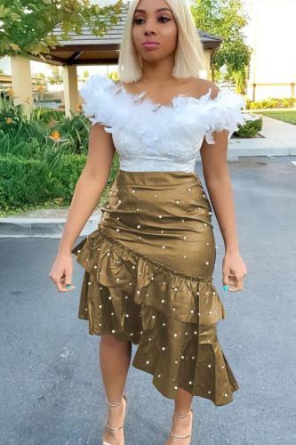 Золотая эластичная юбка на бедрах из искусственной кожи со средним бисером Юбки