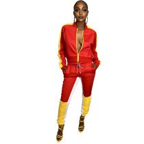 Red Zipper Fly Mid Patchwork Skinny Pants  Two-piece suit