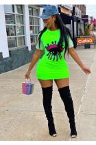 Green Fashion Sexy Cap Sleeve Short Sleeves O neck Slim Dress Mini Fluorescent Patchwork Solid