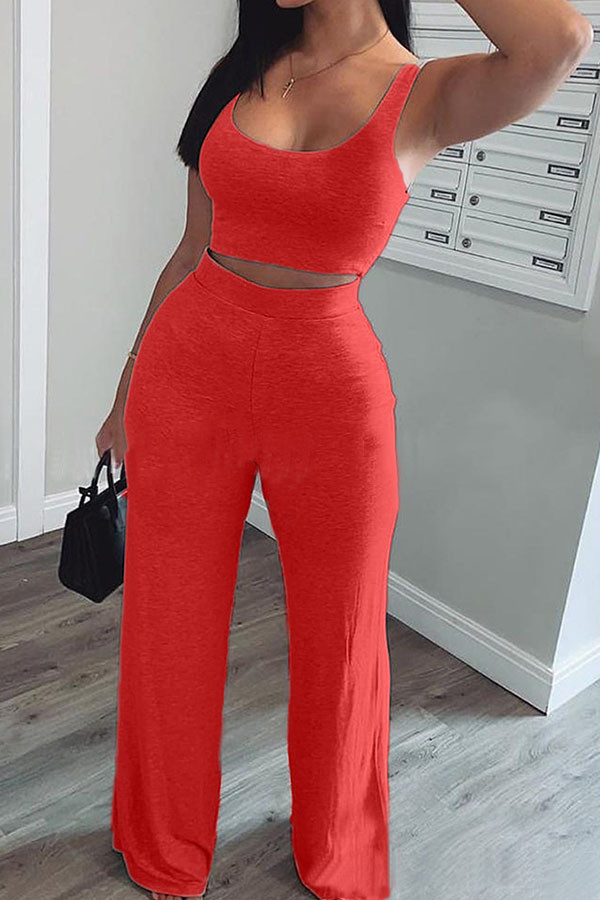 Rode mode volwassen mevrouw OL patchwork effen tweedelige pakken rechte mouwloze twee stukken