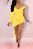 Gelb, sexy, schulterfrei, mit langen Ärmeln, V-Ausschnitt, asymmetrisch, Mini-Patchwork, solide, asymmetrische Kleider