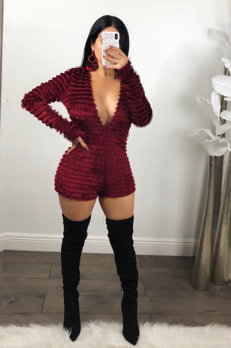 Red Polyester Long Sleeve Solid Straight shorts  Jumpsuits & Rompers