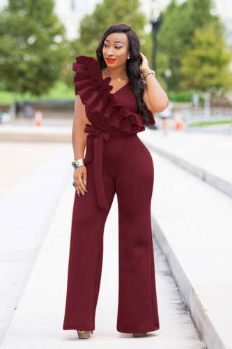 Wine Red Polyester Drawstring Sleeveless High Solid ruffle Straight Pants  Jumpsuits & Rompers