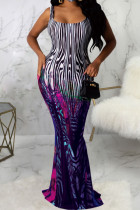 paarse mode sexy volwassen mevrouw spaghetti mouwloze slip stap rok vloer-lengte print jurken