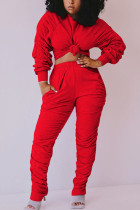 Röd Mode Sexig vuxen Fru Patchwork Solida tvådelade kostymer Rak långärmad tvådelad