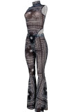 Black Network Sexy Print Mesh perspective HOLLOWED OUT Boot Cut Sleeveless Two Pieces