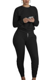 Black Sexy Europe and America Patchwork Solid Straight Long Sleeve Two Pieces