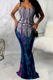 purple Fashion Sexy adult Ma'am Spaghetti Strap Sleeveless Slip Step Skirt Floor-Length Print Dresses