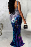 Blue Fashion Sexy adult Ma'am Spaghetti Strap Sleeveless Slip Step Skirt Floor-Length Print Dresses