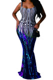 Blue Fashion Sexy adult Ma'am Spaghetti Strap Sleeveless Slip Step Skirt Floor-Length Print Dresses
