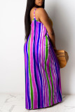 Green Sexy Spaghetti Strap Sleeveless V Neck Swagger Ankle-Length Striped Patchwork Solid Old Dresses