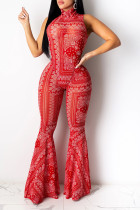 Red Network Sexy Print Mesh perspectief UITGEHALTE Boot Cut Mouwloos Two Pieces