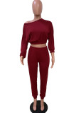 Wine Red Sexy Europe and America Patchwork Solid pencil Long Sleeve Two Pieces