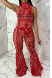 Red Network Sexy Print Mesh perspective HOLLOWED OUT Boot Cut Sleeveless Two Pieces