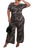 Dark Gray Sexy Camouflage Short Sleeve O Neck Jumpsuits