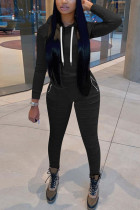 Zwarte mode sexy volwassen mevrouw patchwork effen tweedelige pakken rechte lange mouwen twee stukken