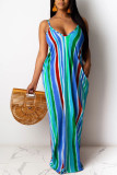 Blue Sexy Spaghetti Strap Sleeveless V Neck Swagger Ankle-Length Striped Patchwork Solid Old Dresses