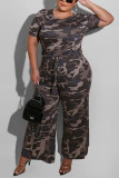 Hellgrauer sexy Camouflage-Jumpsuit mit kurzen Ärmeln und O-Ausschnitt