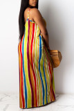 Blue Sexy Spaghetti Strap Sleeveless V Neck Swagger Ankle-Length Striped Patchwork Solid Old Dresses