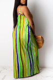 Green Sexy Spaghetti Strap Sleeveless V Neck Swagger Ankle-Length Striped Patchwork Solid Old Dresses