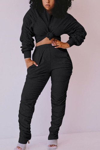 Zwarte mode sexy volwassen mevrouw patchwork effen tweedelige pakken rechte lange mouwen twee stukken