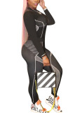 ローズレッドファッションセクシーな大人の奥様パッチワークプリントツーピーススーツペンシルロングスリーブツーピース