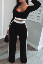 Black Fashion Casual adult Ma'am Patchwork Solid Two Piece Suits Straight Long Sleeve Two Pieces Crop Tops And Pants Sets