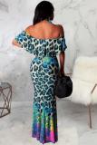 Leopard print Fashion Sexy Off The Shoulder Short Sleeves One word collar Mermaid Floor-Length Draped Pr