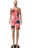 Pink Fashion Sexy Print Tie-dyed Hollow Sleeveless Hanging neck Rompers