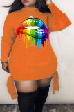 Naranja Sexy manga larga medio cuello alto recto Mini estampado vendaje labio vestidos