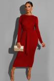 Red OL adult Fashion Cap Sleeve Long Sleeves O neck Step Skirt Mid-Calf bandage Solid