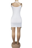 ホワイトセクシーストリートスパゲッティストラップノースリーブスリップペンシルドレススカートプリント包帯クラブドレス