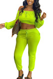 Fluorescerande grönt Mode Sexig vuxen fru Solid tvådelad kostym penna långärmad tvådelad