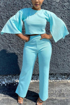 ブルー ファッション 大人の奥様 OL ソリッド ツーピース スーツ ストレート スリークォーター ツーピース