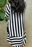 Black Fashion Casual Short Sleeves Turndown Collar Straight Mini Striped Print Dresses