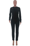 Black Blends Street Solid Hole Zippered pencil Long Sleeve Two Pieces
