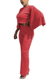 Vermelho moda adulto senhora ol sólido ternos de duas peças em linha reta três quartos duas peças