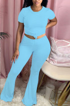 Azul claro moda casual adulto senhora sólida ternos de duas peças solto manga curta duas peças