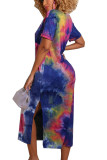 Blue Europe and America Short Sleeves O neck Pencil Dress Ankle-Length Print Tie and dye Dresses