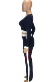 Mörkblått Mode Casual vuxen Madam Patchwork Solida tvådelade kostymer Rak långärmad tvådelad