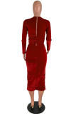 Красная мода для взрослых OL с длинными рукавами и круглым вырезом, ступенчатая юбка до середины икры, повязка, однотонная