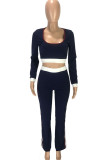 Dark Blue Fashion Casual adult Ma'am Patchwork Solid Two Piece Suits Straight Long Sleeve Two Pieces