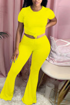 Yellow Fashion Casual adult Ma'am Solid Two Piece Suits Loose Short Sleeve Two Pieces