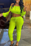 Fluorescent green Fashion Sexy adult Ma'am Solid Two Piece Suits pencil Long Sleeve Two Pieces