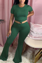 Groene mode casual volwassen mevrouw effen tweedelige pakken losse twee stukken met korte mouwen